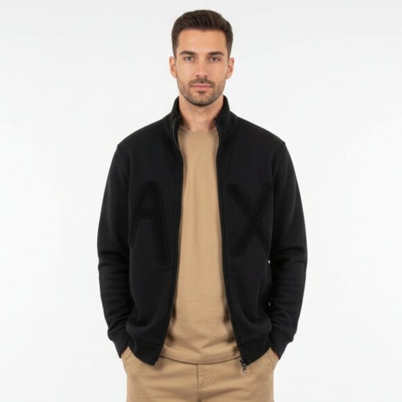 Armani Exchange Black Logo Chest Terry Zip Up Athletic Sport Collarless Jacket - Picture 1 of 7